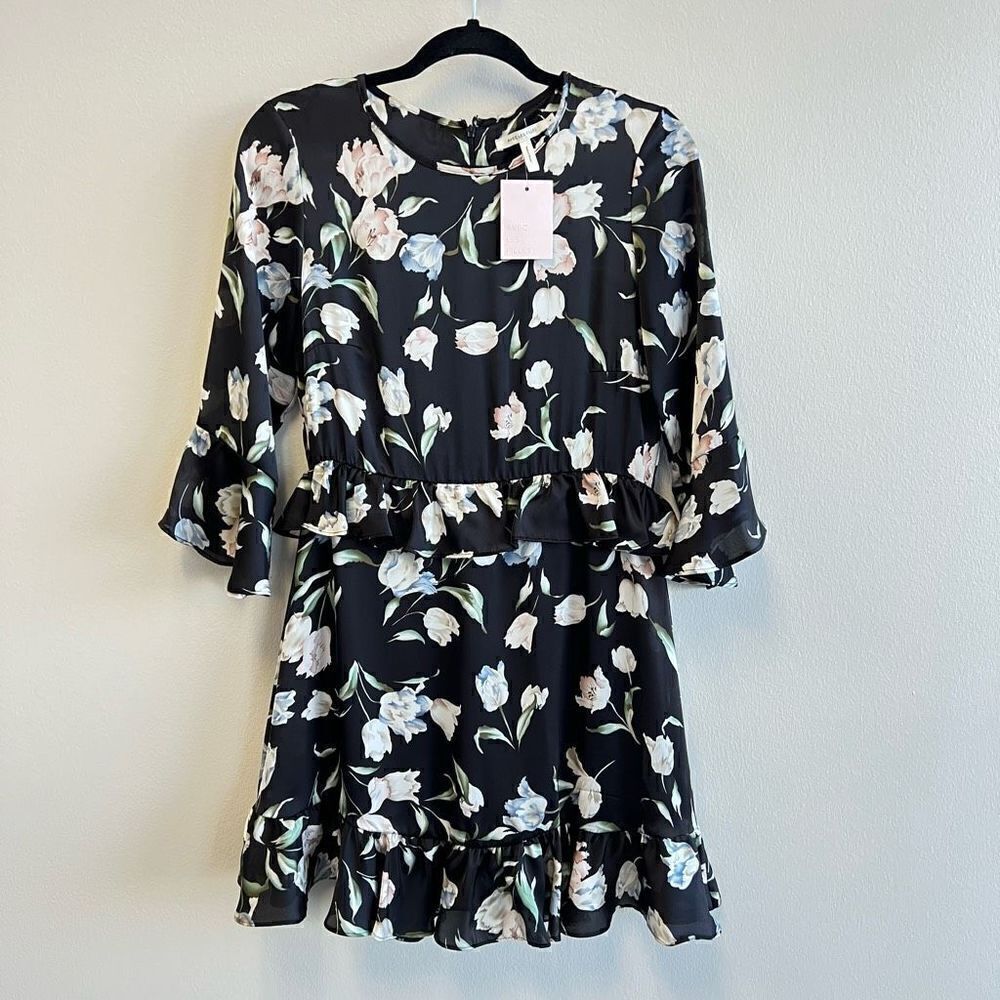 NWT Avec Les Filles Black Floral Print Ruffle A Line Mini Dress Size 6 - Picture 2 of 13